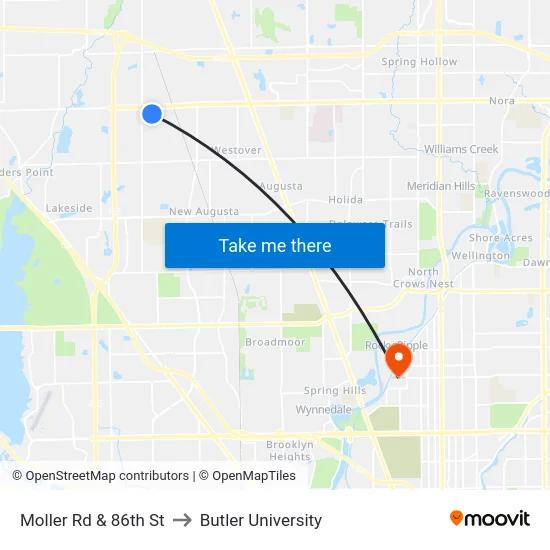 Moller Rd & 86th St to Butler University map