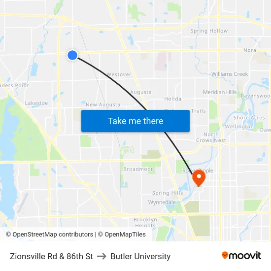 Zionsville Rd & 86th St to Butler University map