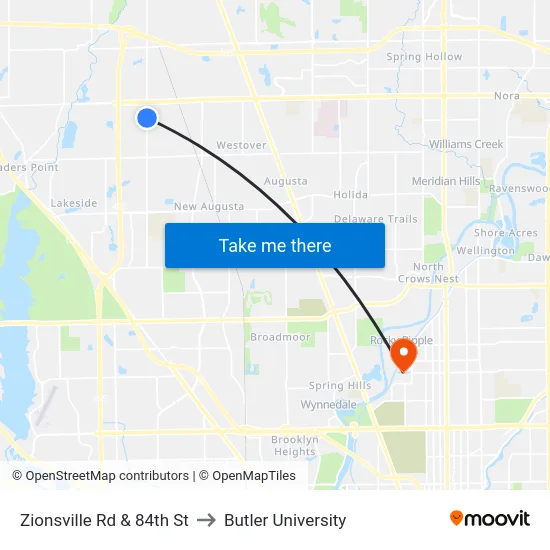 Zionsville Rd & 84th St to Butler University map
