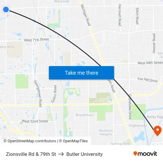 Zionsville Rd & 79th St to Butler University map