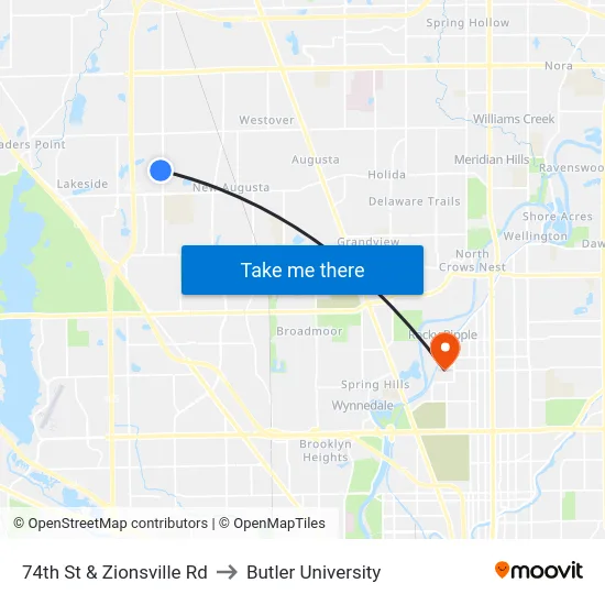 74th St & Zionsville Rd to Butler University map