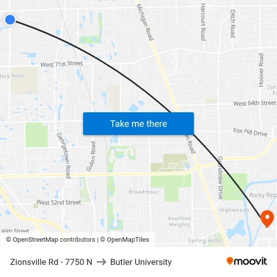 Zionsville Rd - 7750 N to Butler University map