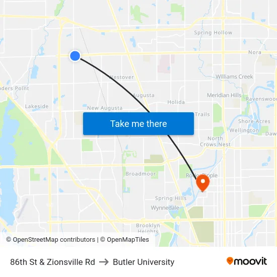 86th St & Zionsville Rd to Butler University map