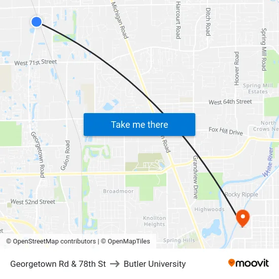 Georgetown Rd & 78th St to Butler University map