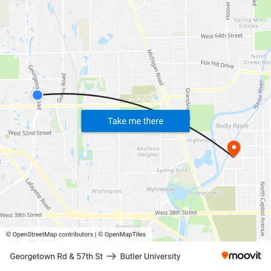 Georgetown Rd & 57th St to Butler University map