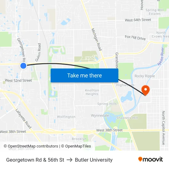 Georgetown Rd & 56th St to Butler University map