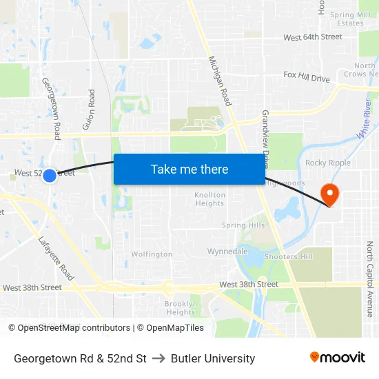 Georgetown Rd & 52nd St to Butler University map