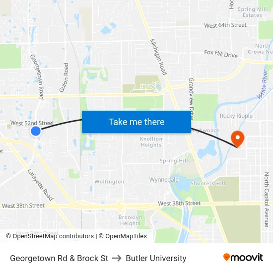 Georgetown Rd & Brock St to Butler University map