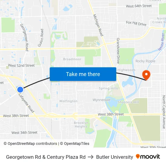 Georgetown Rd & Century Plaza Rd to Butler University map