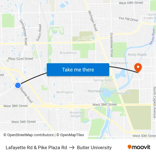 Lafayette Rd & Pike Plaza Rd to Butler University map