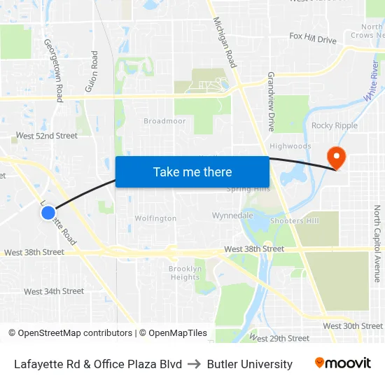 Lafayette Rd & Office Plaza Blvd to Butler University map
