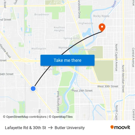 Lafayette Rd & 30th St to Butler University map