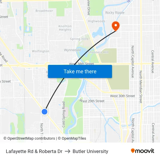 Lafayette Rd & Roberta Dr to Butler University map