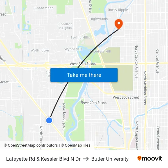 Lafayette Rd & Kessler Blvd N Dr to Butler University map