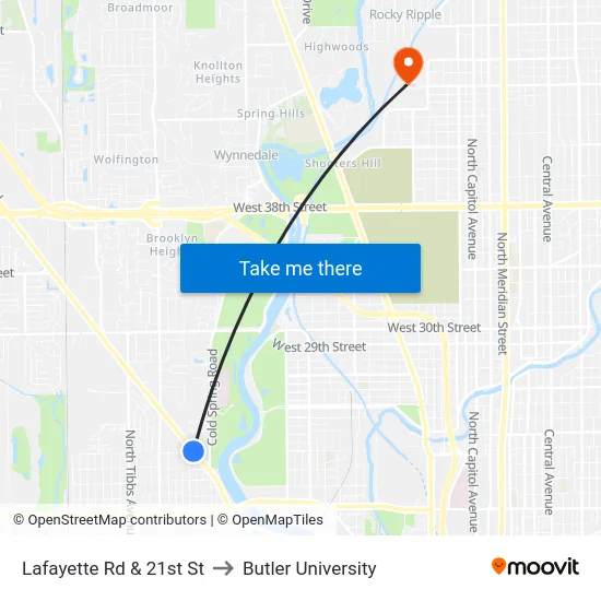 Lafayette Rd & 21st St to Butler University map