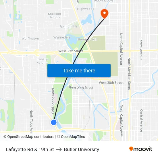 Lafayette Rd & 19th St to Butler University map