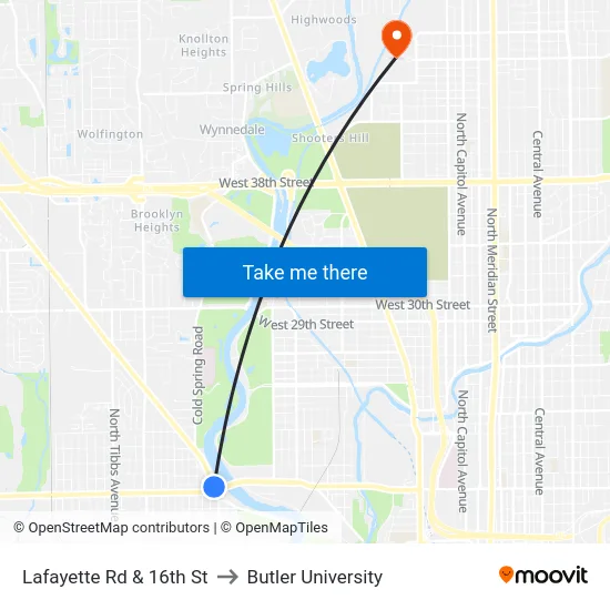 Lafayette Rd & 16th St to Butler University map