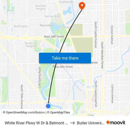 White River Pkwy W Dr & Belmont Ave to Butler University map