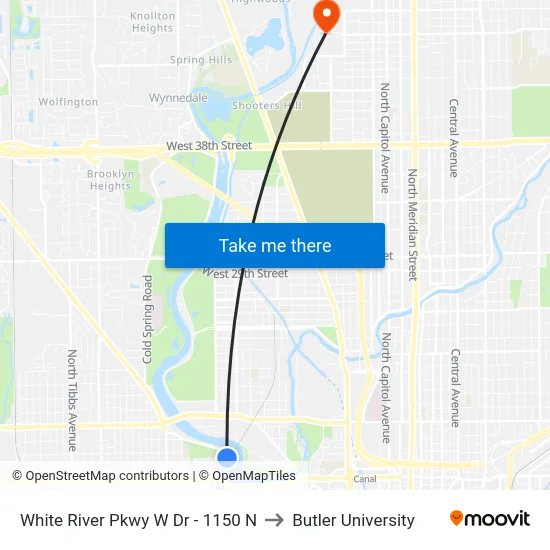 White River Pkwy W Dr - 1150 N to Butler University map