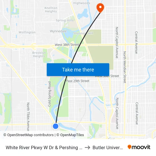 White River Pkwy W Dr & Pershing Ave to Butler University map