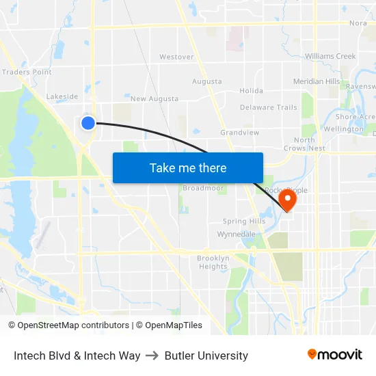 Intech Blvd & Intech Way to Butler University map