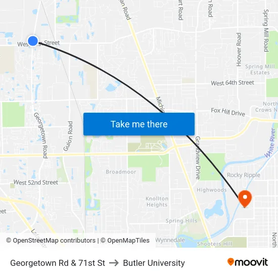 Georgetown Rd & 71st St to Butler University map