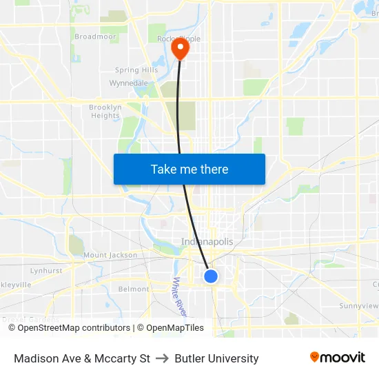 Madison Ave & Mccarty St to Butler University map