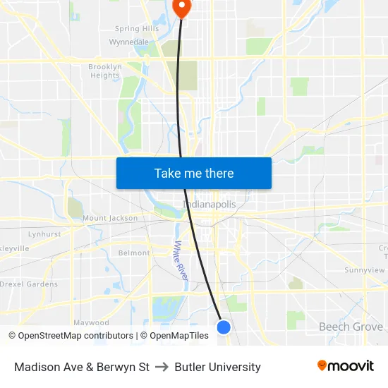 Madison Ave & Berwyn St to Butler University map