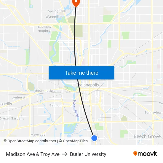 Madison Ave & Troy Ave to Butler University map