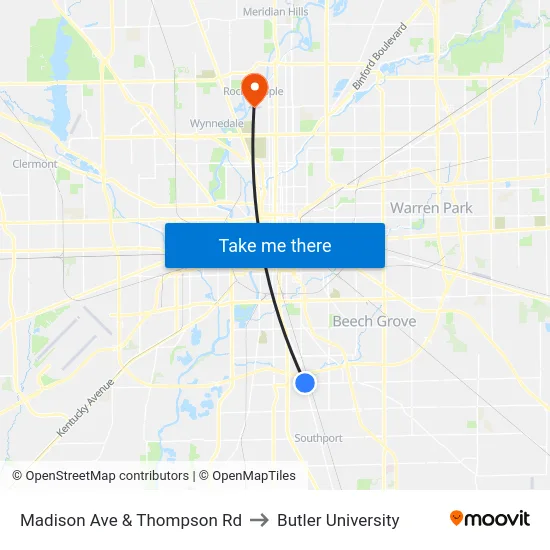 Madison Ave & Thompson Rd to Butler University map