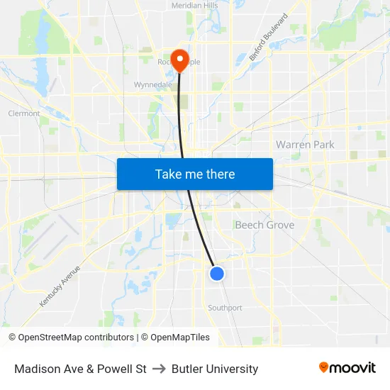 Madison Ave & Powell St to Butler University map