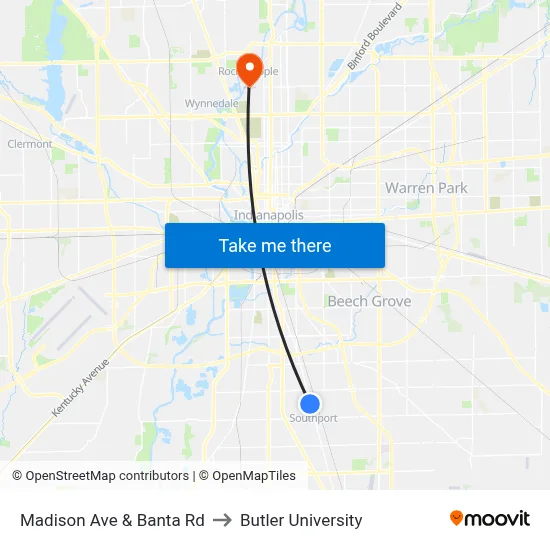 Madison Ave & Banta Rd to Butler University map