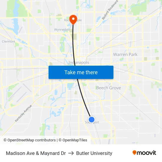 Madison Ave & Maynard Dr to Butler University map