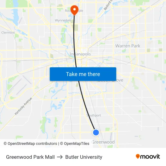 Greenwood Park Mall to Butler University map