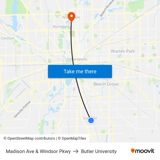 Madison Ave & Windsor Pkwy to Butler University map