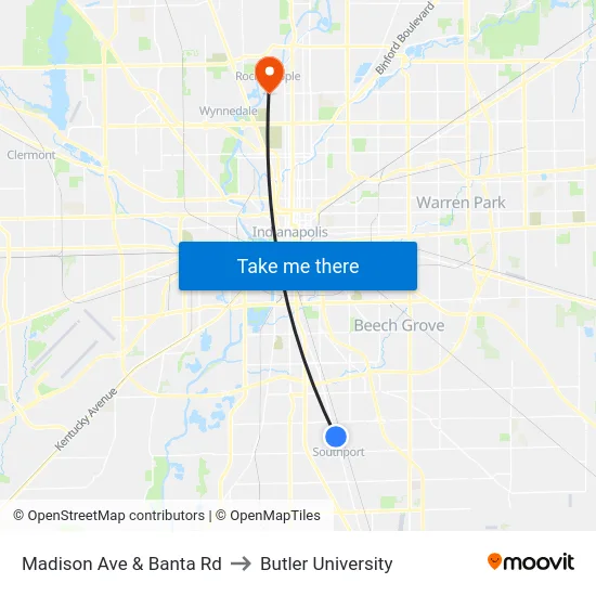 Madison Ave & Banta Rd to Butler University map
