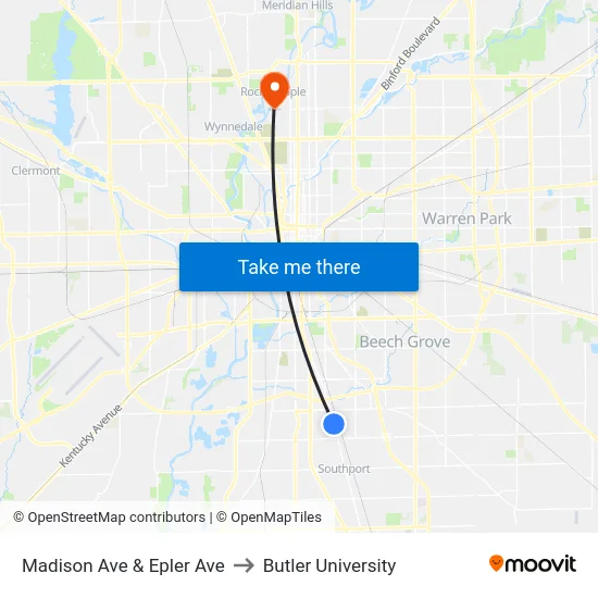 Madison Ave & Epler Ave to Butler University map