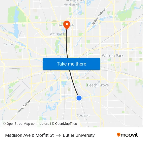 Madison Ave & Moffitt St to Butler University map