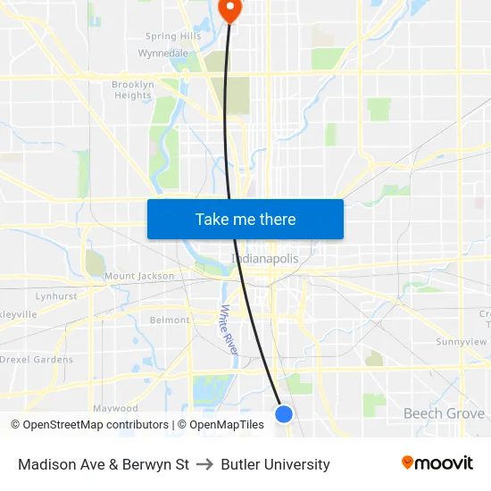 Madison Ave & Berwyn St to Butler University map