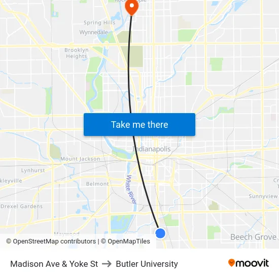 Madison Ave & Yoke St to Butler University map