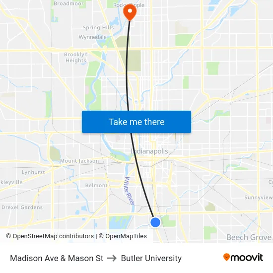 Madison Ave & Mason St to Butler University map
