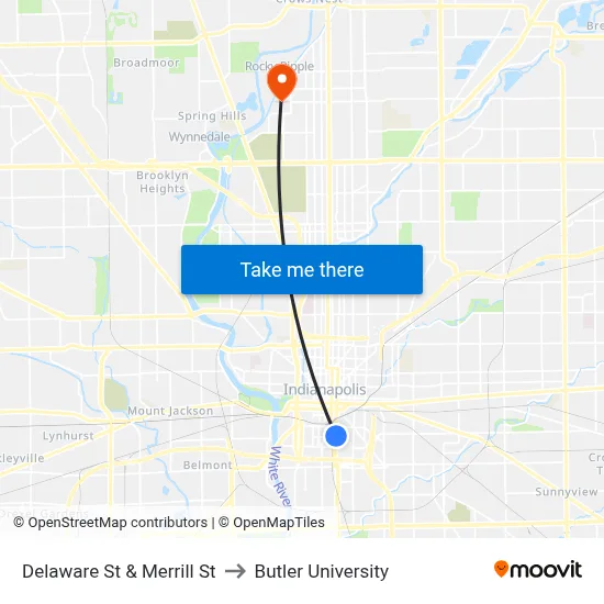 Delaware St & Merrill St to Butler University map