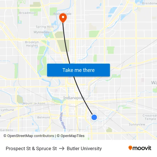Prospect St & Spruce St to Butler University map