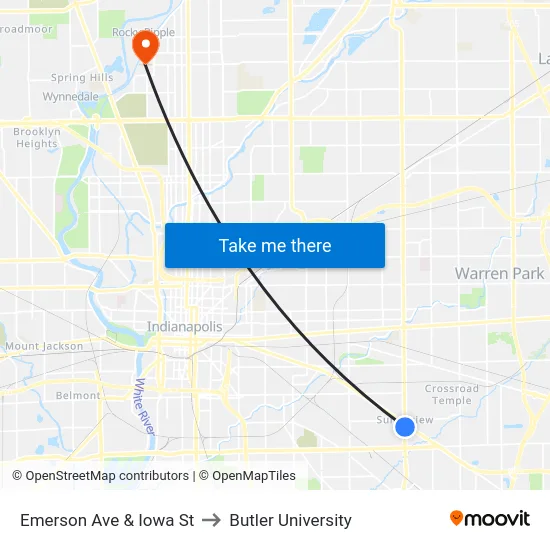 Emerson Ave &  Iowa St to Butler University map