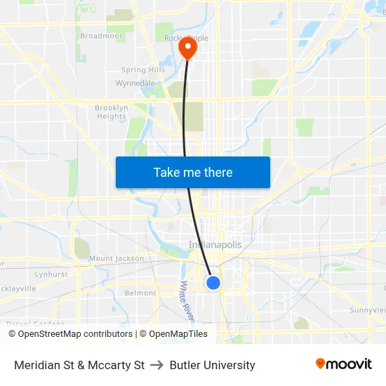 Meridian St & Mccarty St to Butler University map