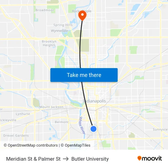 Meridian St & Palmer St to Butler University map