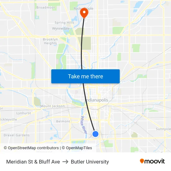 Meridian St & Bluff Ave to Butler University map