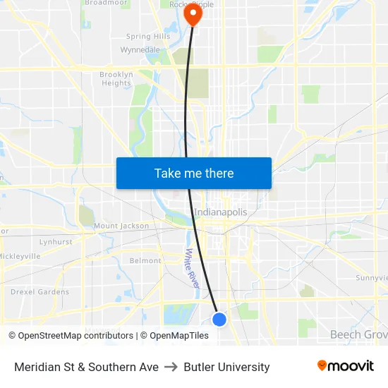Meridian St & Southern Ave to Butler University map