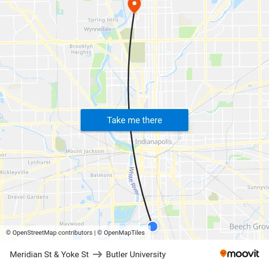 Meridian St & Yoke St to Butler University map