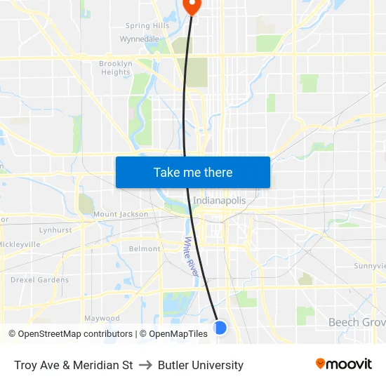 Troy Ave & Meridian St to Butler University map
